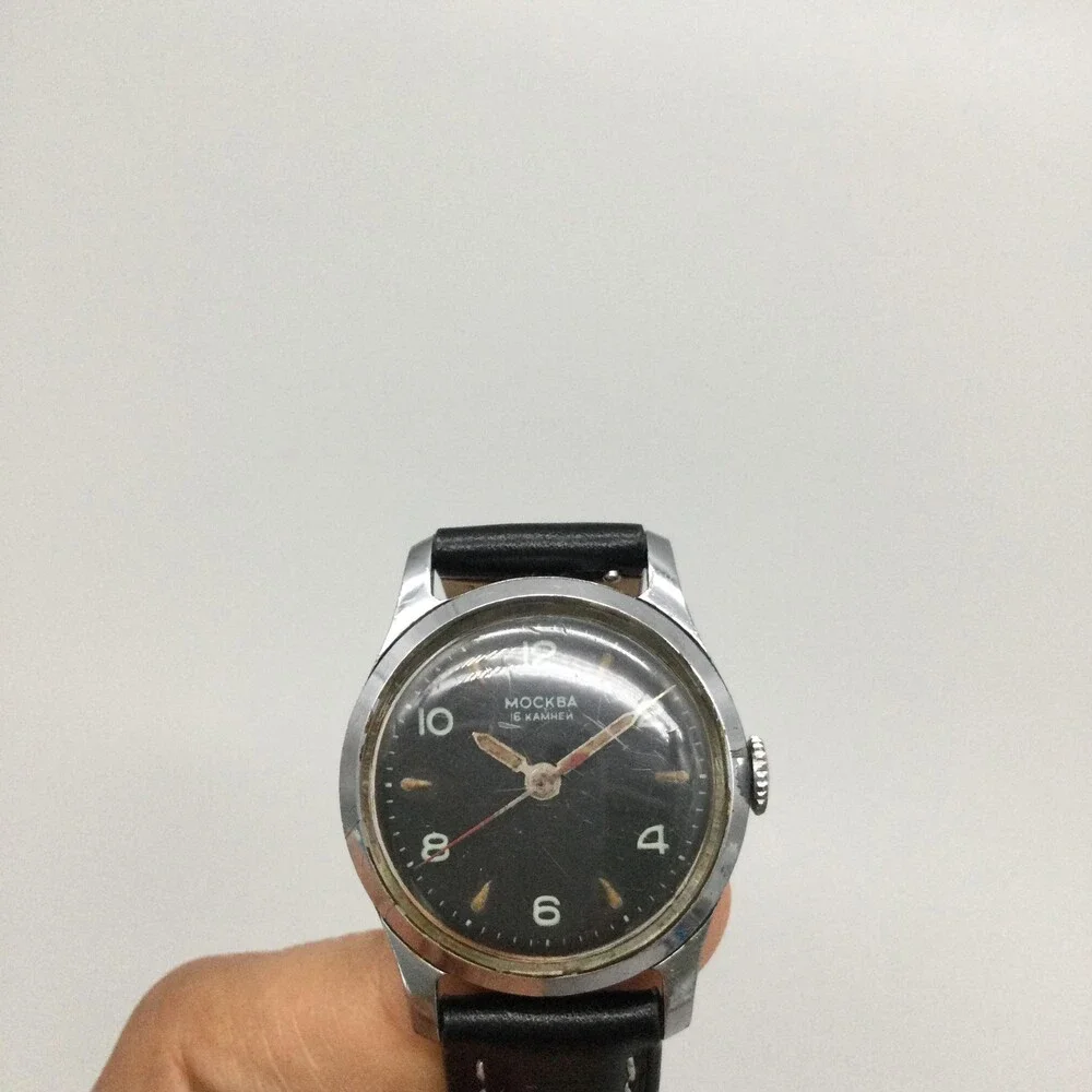 Vintage Moskva Mens Watch 29mm Black Dial Leather USSR Soviet Russia Moskva